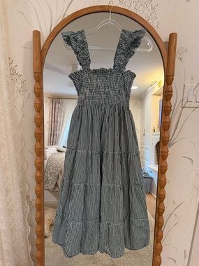 Hill House Gingham Smocked Midi Dress in Dark Green and White